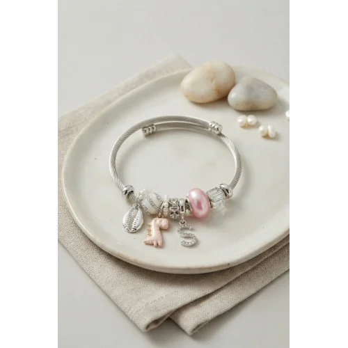 Mey İthalat® Pembe Dinazor Model Charmlı Gümüş Renk Bileklik