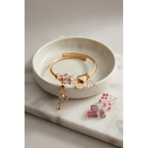 Mey İthalat® Pembe Flamingo Model Gold Renk Charmlı Bileklik