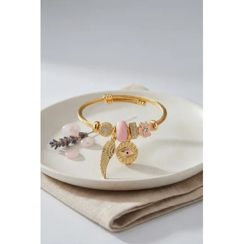 Mey İthalat® Pembe Göz Model Gold Renk Charmlı Bileklik