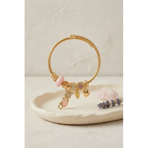 Mey İthalat® Pembe Kedi Model Gold Renk Charmlı Bileklik