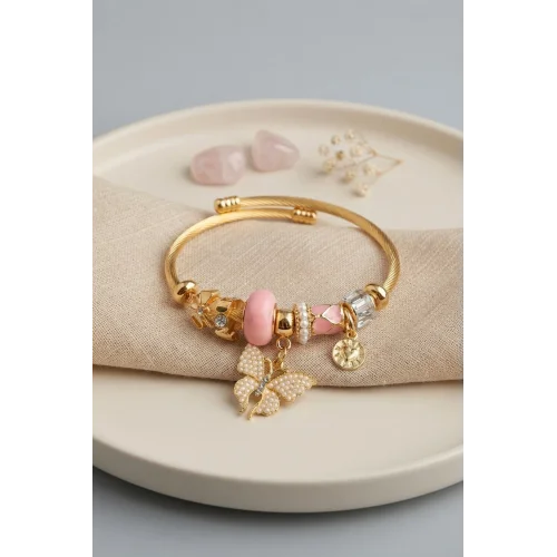 Mey İthalat® Pembe Kelebek Model Gold Renk Charmlı Bileklik