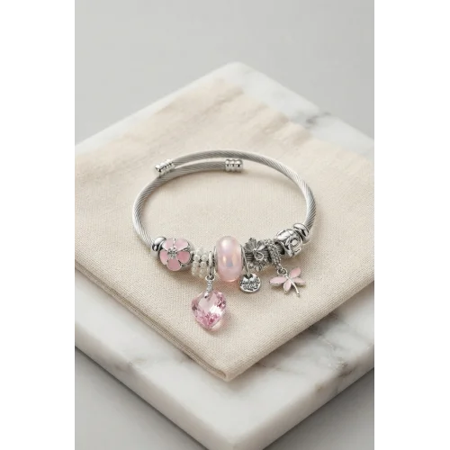 Mey İthalat® Pembe Kristal Kalp Charmlı Gümüş Renk Bileklik