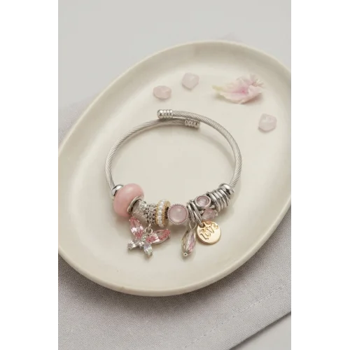 Mey İthalat® Pembe Kristal Kelebek Charmlı Bileklik