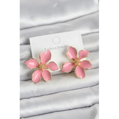 Mey İthalat® Pembe Mineli Çiçek Model Pirinç Kadın Küpe