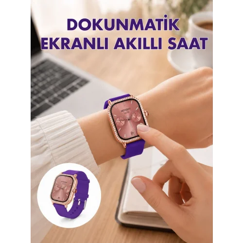 Mey İthalat® Pembe Mor ve Metal Kordonlu Akıllı Saat Hediye Seti