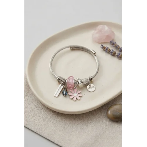 Mey İthalat® Pembe Papatya Charmlı Gümüş Renk Bileklik