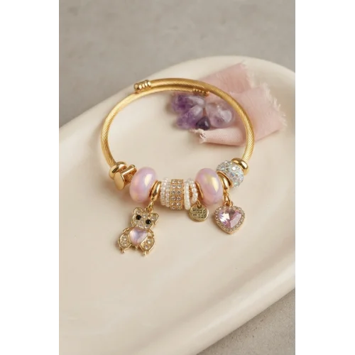 Mey İthalat® Pembe Renk Teddy Bear Model Gold Charmlı Bileklik