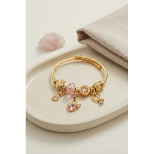 Mey İthalat® Pembe Swan Model Gold Renk Charmlı Bileklik