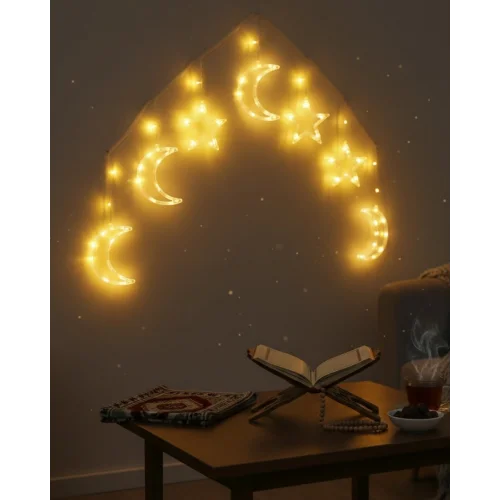 Mey İthalat® Pilli Ay Yıldız LED Perde Işık Ev ve Organizasyon Dekoru