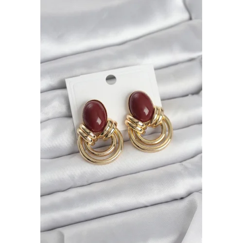 Mey İthalat® Pirinç Gold Renk Bordo Taşlı Vintage Kadın Küpe