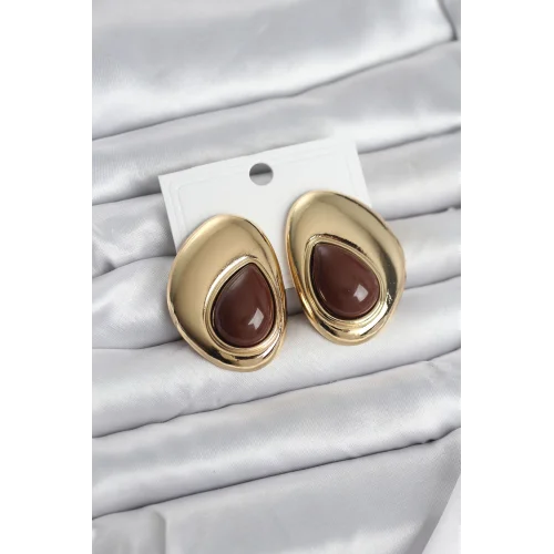 Mey İthalat® Pirinç Gold Renk Kahverengi Taşlı Damla Model Vintage Kadın Küpe