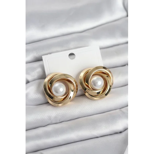 Mey İthalat® Pirinç Gold Renk Sarmal Model İncili Kadın Küpe