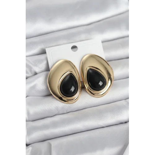 Mey İthalat® Pirinç Gold Renk Siyah Taşlı Damla Model Vintage Kadın Küpe