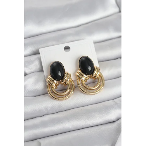 Mey İthalat® Pirinç Gold Renk Siyah Taşlı Vintage Kadın Küpe