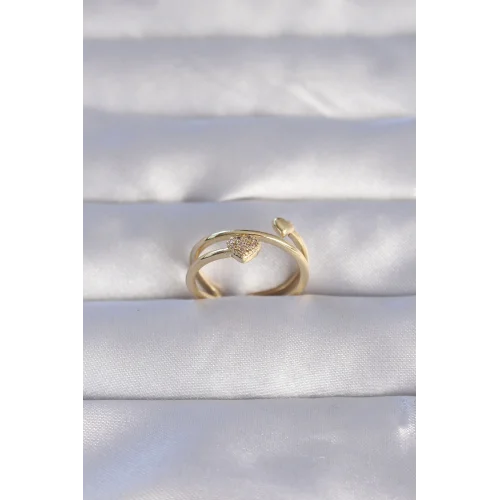 Mey İthalat® Pirinç Gold Renk Zirkon Taşlı Kalpli Model Ayarlanabilir Yüzük