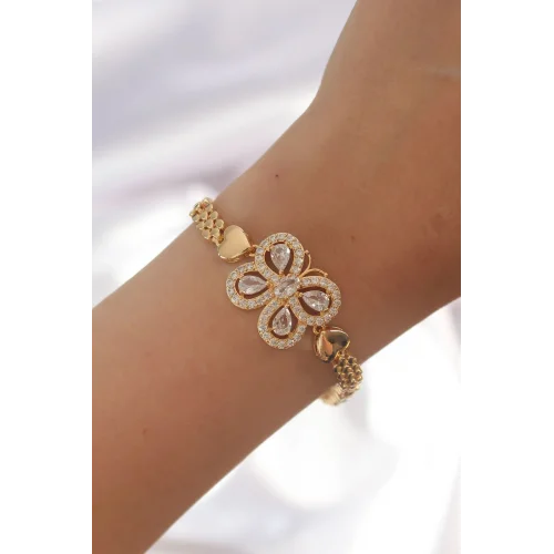 Mey İthalat® Pirinç Gold Renk Zirkon Taşlı Kelebek Figürlü Parçalı Model Bileklik