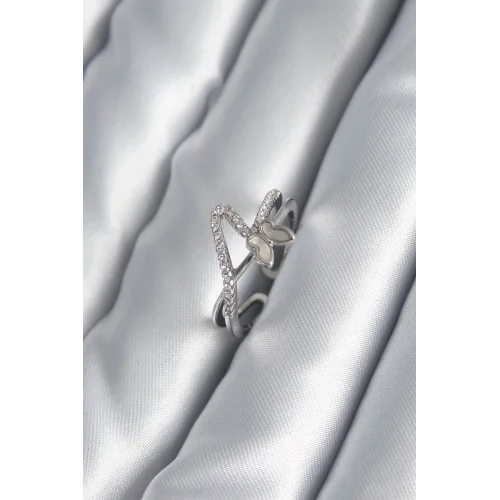 Mey İthalat® Pirinç Gümüş Renk Zirkon Taş Detay Kelebek Model Kadın Yüzük