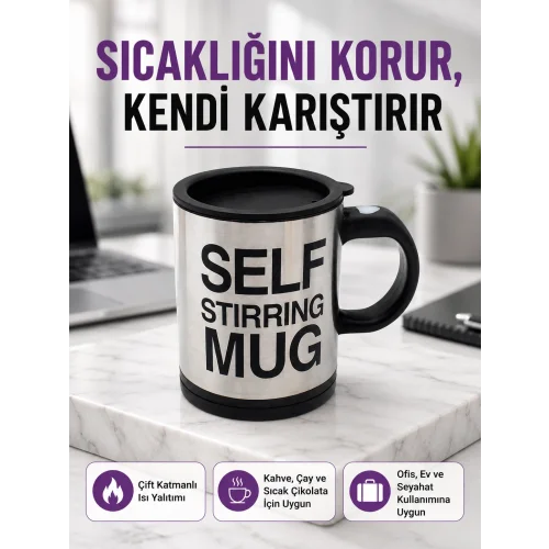 Mey İthalat® Pratik ve Dayanıklı Termos Kupa | Tek Tuşla Otomatik Karıştırma