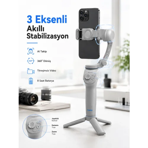 Mey İthalat® Profesyonel Telefon Gimbal Stabilizer 3 Eksen Sabitleme Çoklu Çekim Modları Uzun Pil Ömürlü Taşınabilir Tasarım