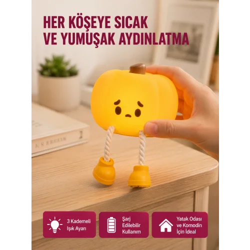 Mey İthalat® Pumpkin LED Night Light Dokunmatik Şarjlı Silikon Gece Lambası Yeni Nesil