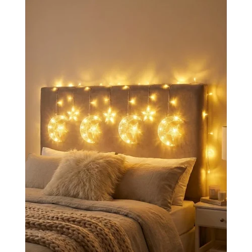 Mey İthalat® Ramazan İçin Hilal Yıldız Işık Zinciri Yanıp Sönen ve Sabit Modlu