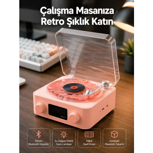 Mey İthalat® Retro Bluetooth Hoparlör – Kristal Ses, Gece Lambası, Saatli Tasarım Yeni Nesil
