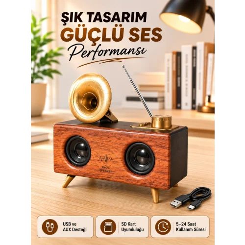Mey İthalat® Retro Gramofon Tasarımlı Bluetooth Hoparlör – 3D Stereo Ses, 1800 mAh Batarya
