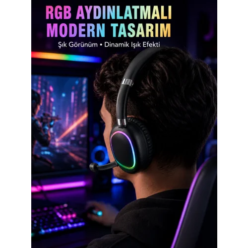 Mey İthalat® RGB Işıklı Bluetooth Mikrofonlu Kulaklık Uzun Süreli Kullanım Type-C Şarjlı