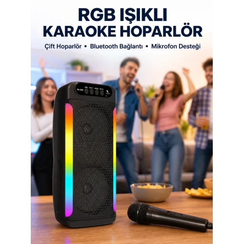 Mey İthalat® RGB Işıklı Çift Hoparlörlü Taşınabilir Bluetooth Speaker ve Mikrofon Yeni Nesil