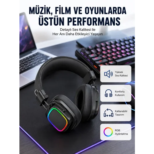 Mey İthalat® RGB Işıklı Katlanabilir Bluetooth 5.3 Kulak Üstü Kulaklık