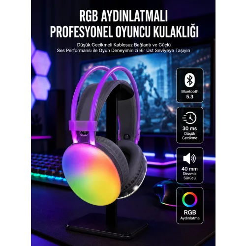 Mey İthalat® RGB Işıklı Yüksek Ses Kaliteli Kablosuz Kulak Üstü Bluetooth Kulaklık