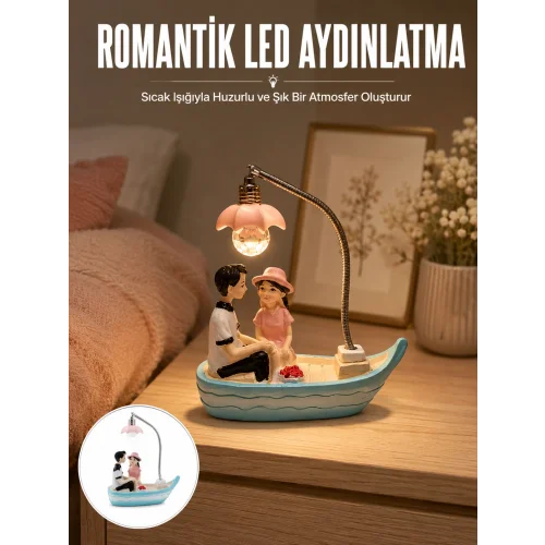 Mey İthalat® Romantik Sandal Üzerinde Çift Figürü LED Gece Lambası Masa Dekoru Yeni Nesil