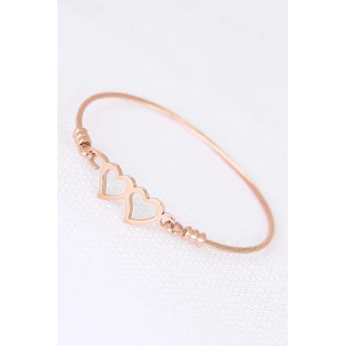 Mey İthalat® Rose Çelik Çift Kalp Figürlü Erkek Kelepçe Bileklik