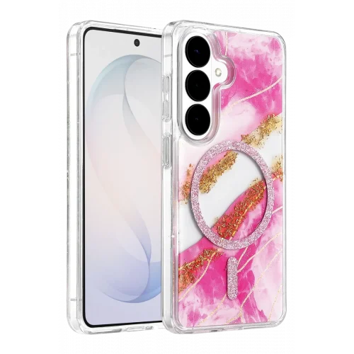 Mey İthalat®  Samsung Galaxy S26 Lotus Simli Magsafe Kapak - Pembe