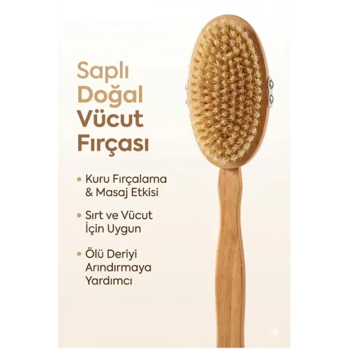 Mey İthalat® Saplı Doğal Vücut Fırçası – Sırt İçin Uzun Saplı, Kuru Fırçalama ve Masaj Etkili