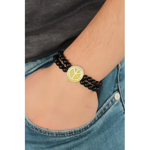 Mey İthalat® Sarı Metal Barış Simgesi Tasarımlı Siyah Renk Mat Oniks Doğal Taş Erkek Bileklik
