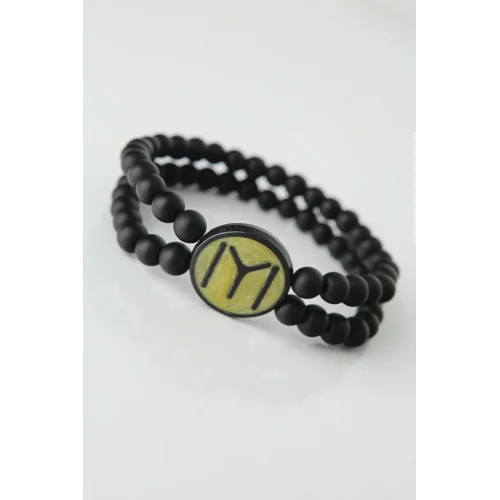 Mey İthalat® Sarı Renkli Metal Üzerine Siyah Kayı Boyu Figürlü Siyah Renk Çift Sıra Doğal Taş Erkek Bileklik