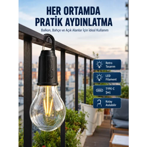 Mey İthalat® Şarjlı Dekoratif Kamp Lambası Askılı Ampul Led Işık Type-C Girişli