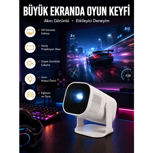 Mey İthalat® Şarjlı Projeksiyon Oyun Sinema Projektörü 4K HD Görüntü Kaliteli Yeni Nesil