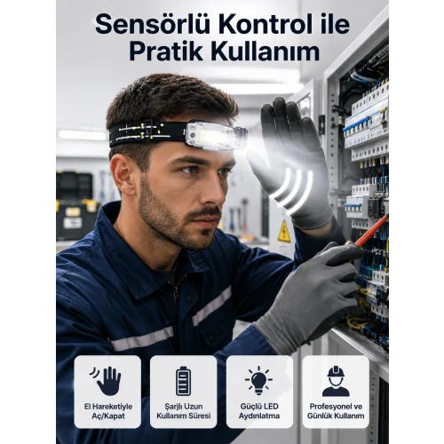 Mey İthalat® Sensörlü Kamp Lambası Ayarlanabilir Kafa Lambası Kafa Bantlı