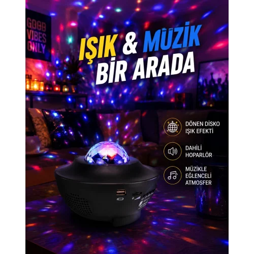 Mey İthalat® Sesle Etkileşimli Yıldız Projektörlü Gece Lambası – Bluetooth Hoparlörlü, USB Girişli, Dönen Okyanus