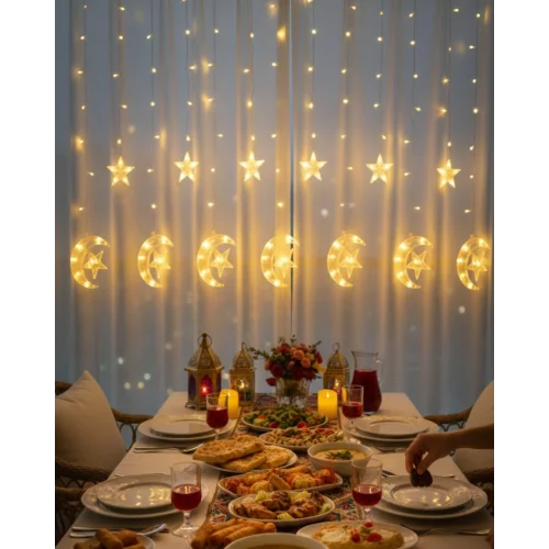 Mey İthalat® Sıcak Beyaz Ay Yıldız Işık Zinciri Parti Düğün Ramazan Dekoru