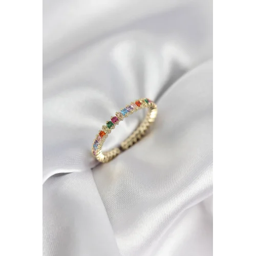 Mey İthalat® Sıralı Karışık Renkli Gold Renk Zirkon Taşlı Kadın Yüzük