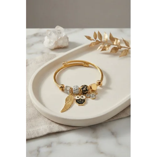Mey İthalat® Siyah Baykuş Model Gold Renk Charmlı Bileklik
