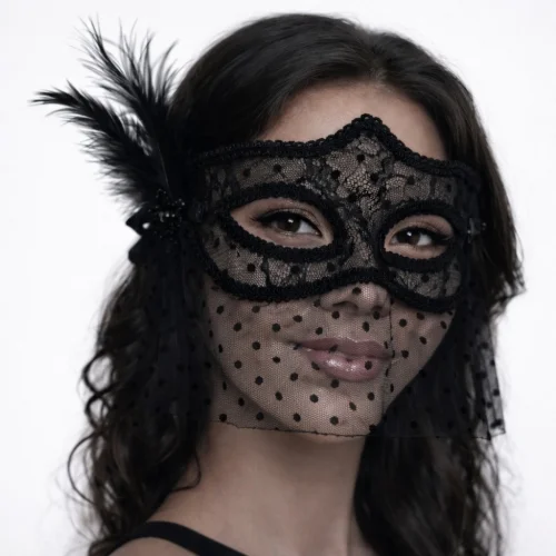 Mey İthalat® Siyah Dantel Tüllü Peçeli Parti Maskesi - Tüylü İnci Detaylı