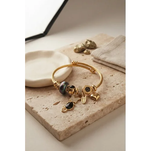 Mey İthalat® Siyah Kedi Model Gold Renk Charmlı Bileklik