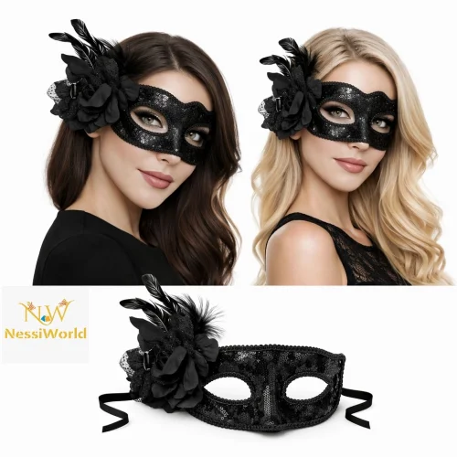 Mey İthalat® Siyah Venedik Parti Maskesi – Çiçekli Tüylü Payetli
