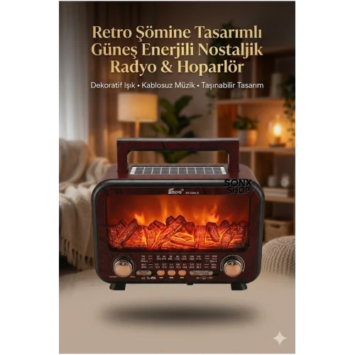 Mey İthalat® Şömine Alev Efektli Bluetooth Hoparlör Radyo – Güneş Enerjili