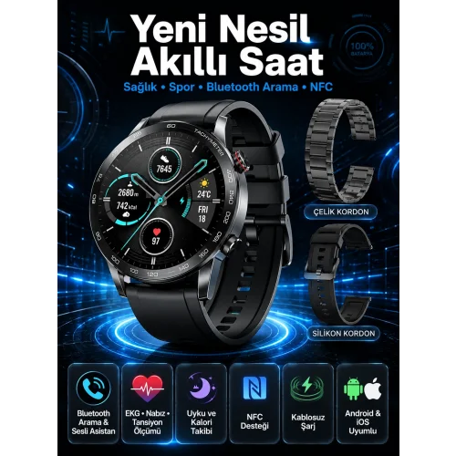Mey İthalat® Suya Dayanıklı Dokunmatik Akıllı Saat Bluetooth 5.0, Sesli Asistan ve Sağlık Takibi