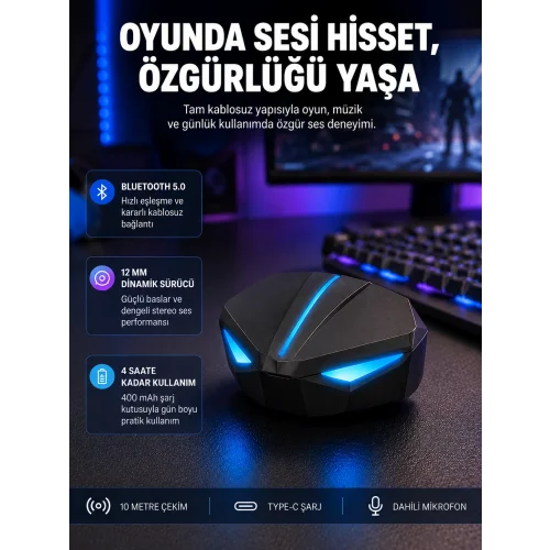 Mey İthalat® Tam Kablosuz  Kulaklığı 5.0 Bluetooth LED Kontrollü Yeni Nesil